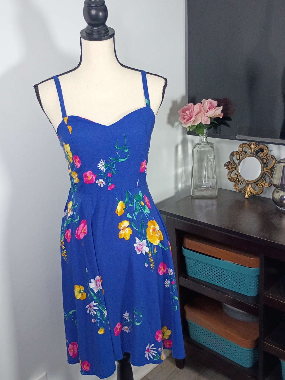 Old Navy Blue Fit And Flare Floral Cami  Spaghetti-Strap Sundress